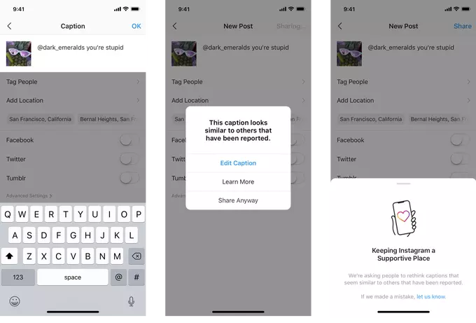 Оскорбительные комментарии в приложении Instagram